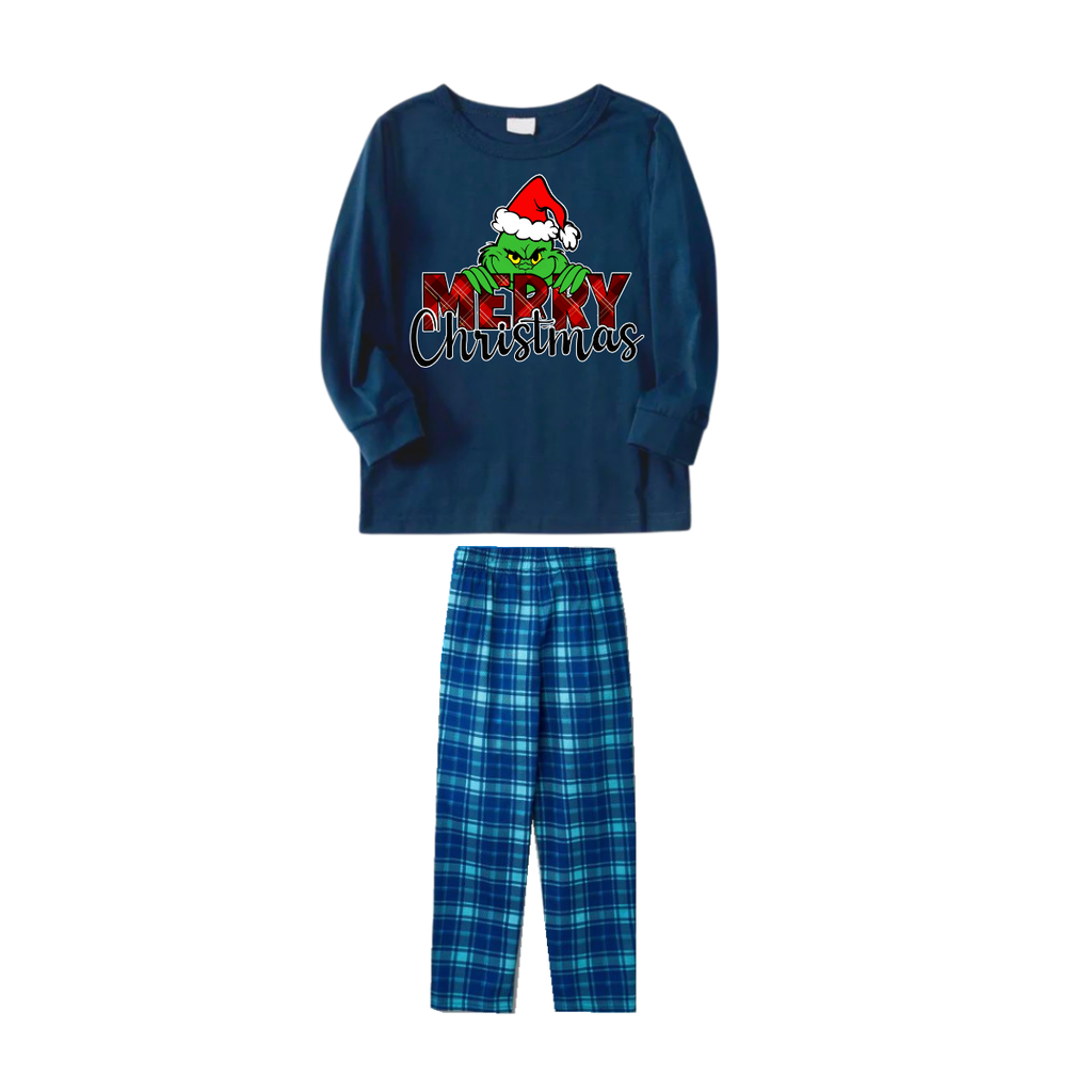 "Merry Christmas" Letter Print 2026 Green Elf Cartoon Pattern Blue Long Sleeve Top With Blue Plaid Family Matching Pajamas