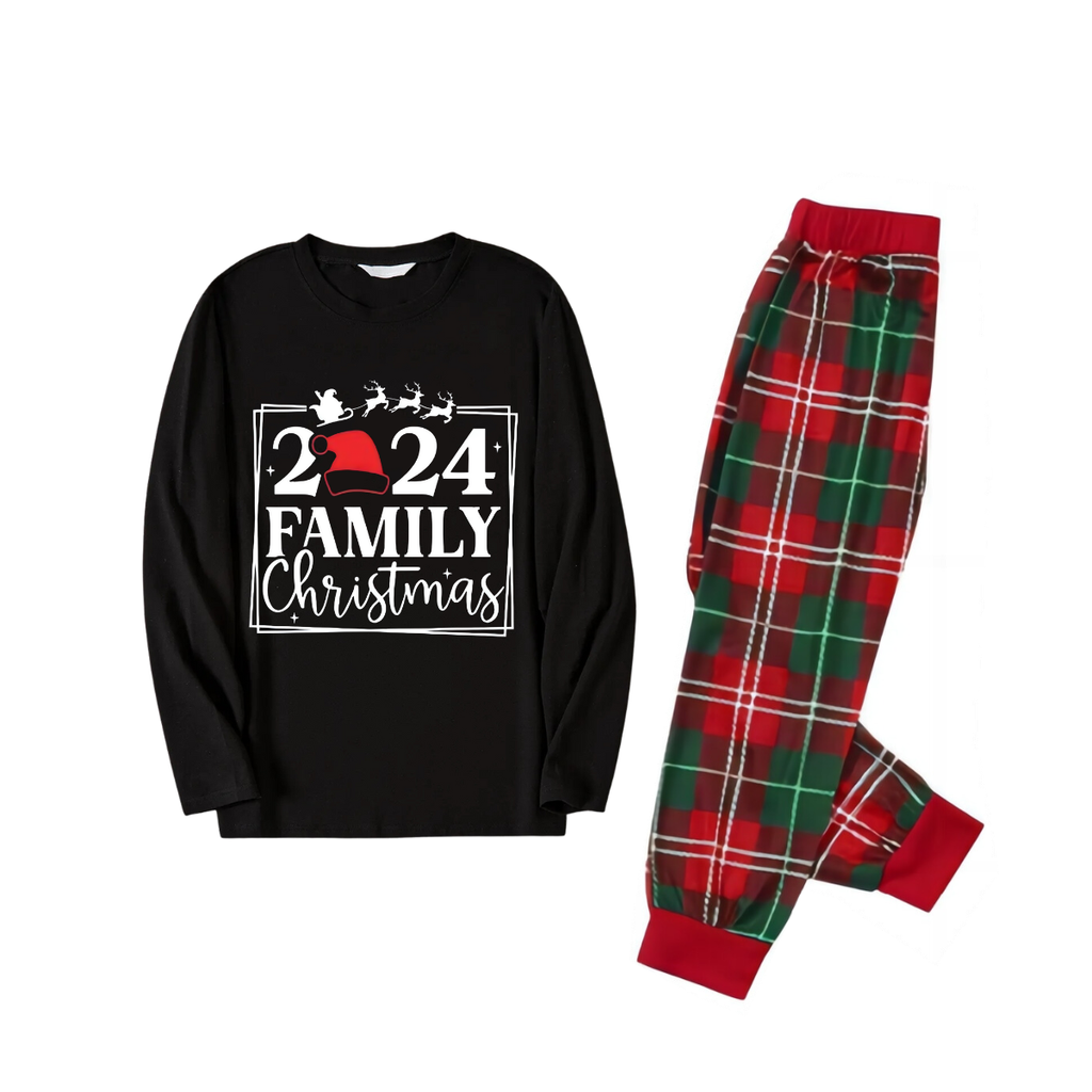 "2024 Family Christmas" Text and Reindeer Printed Red and Green Plaid Family Matching Pajamas