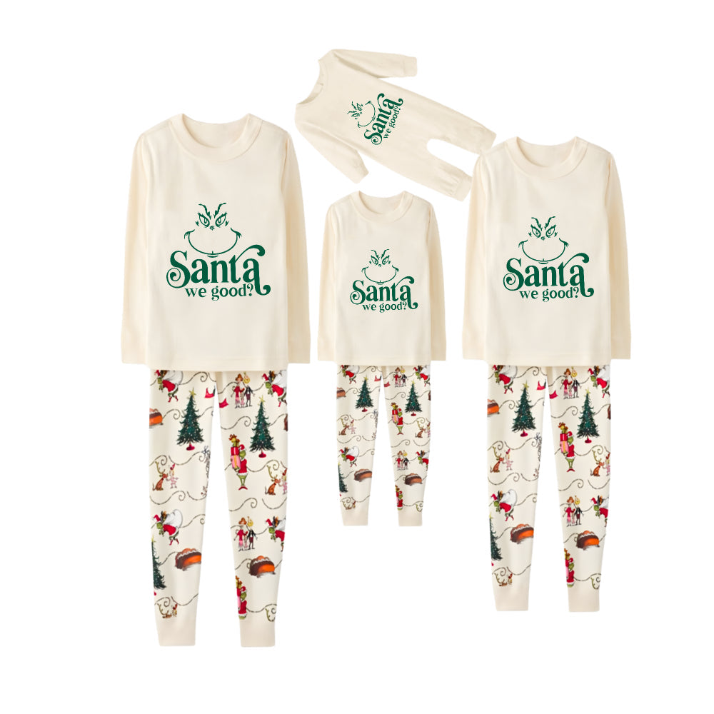 Beige Christmas Pattern Print Christmas Pajamas Set With Grinch Face and Text Print