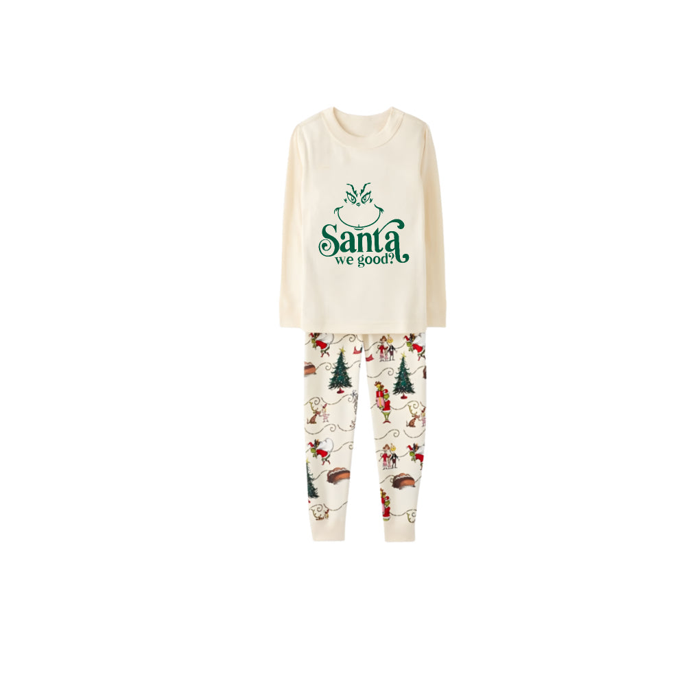 Beige Christmas Pattern Print Christmas Pajamas Set With Grinch Face and Text Print