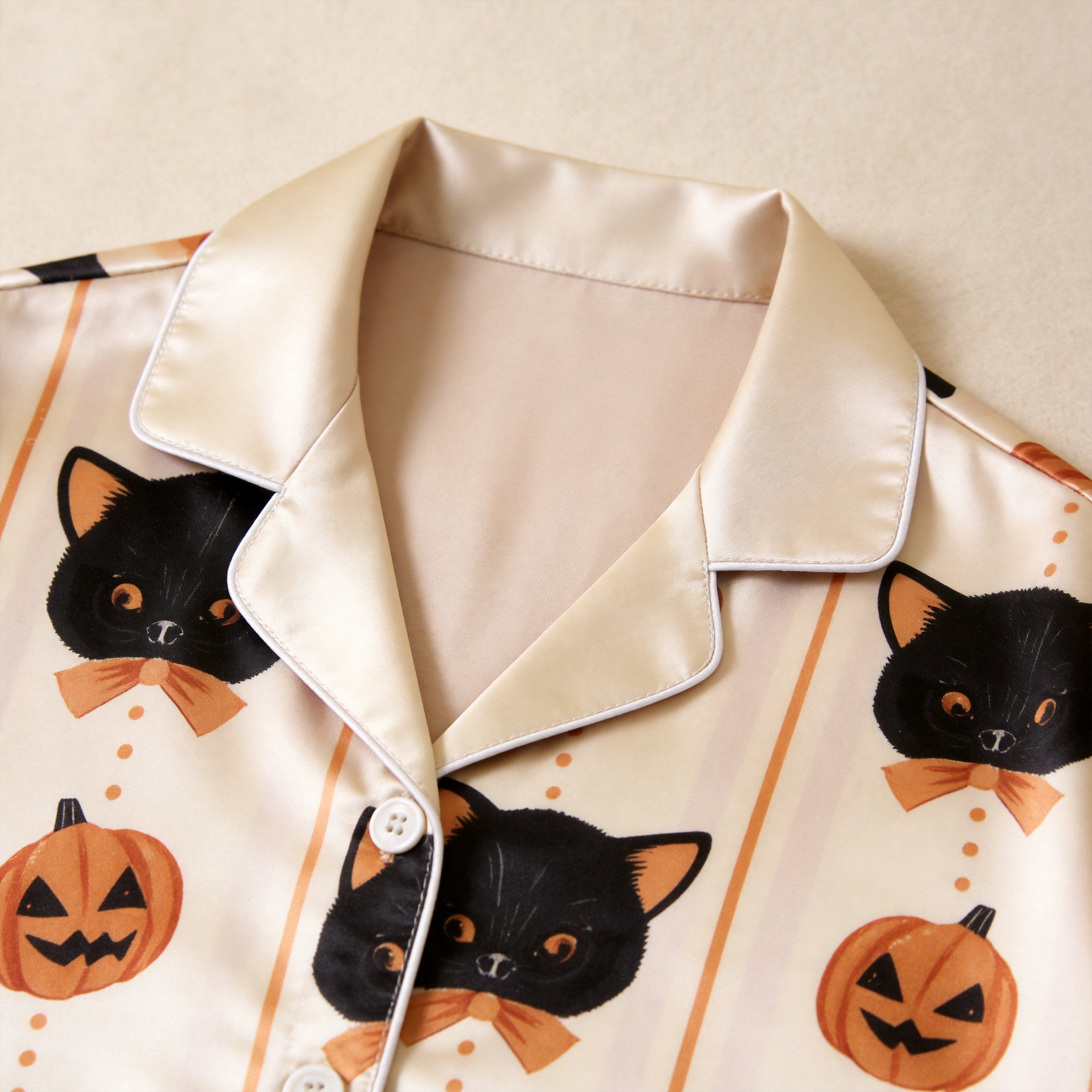 Black Cat and Pumpkin Print Satin Button-Up Family Halloween Pajamas Set