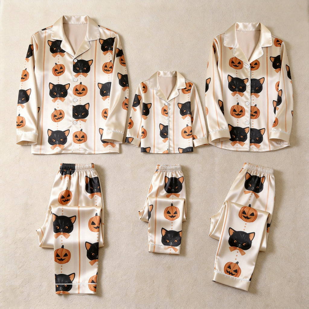 Black Cat and Pumpkin Print Satin Button-Up Family Halloween Pajamas Set