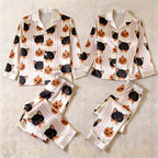 Spooky Halloween Black Cat & Pumpkin Print Satin Matching Pajamas for Couples ¨C Long Sleeve Button-Down Top & Pants Sleepwear Set
