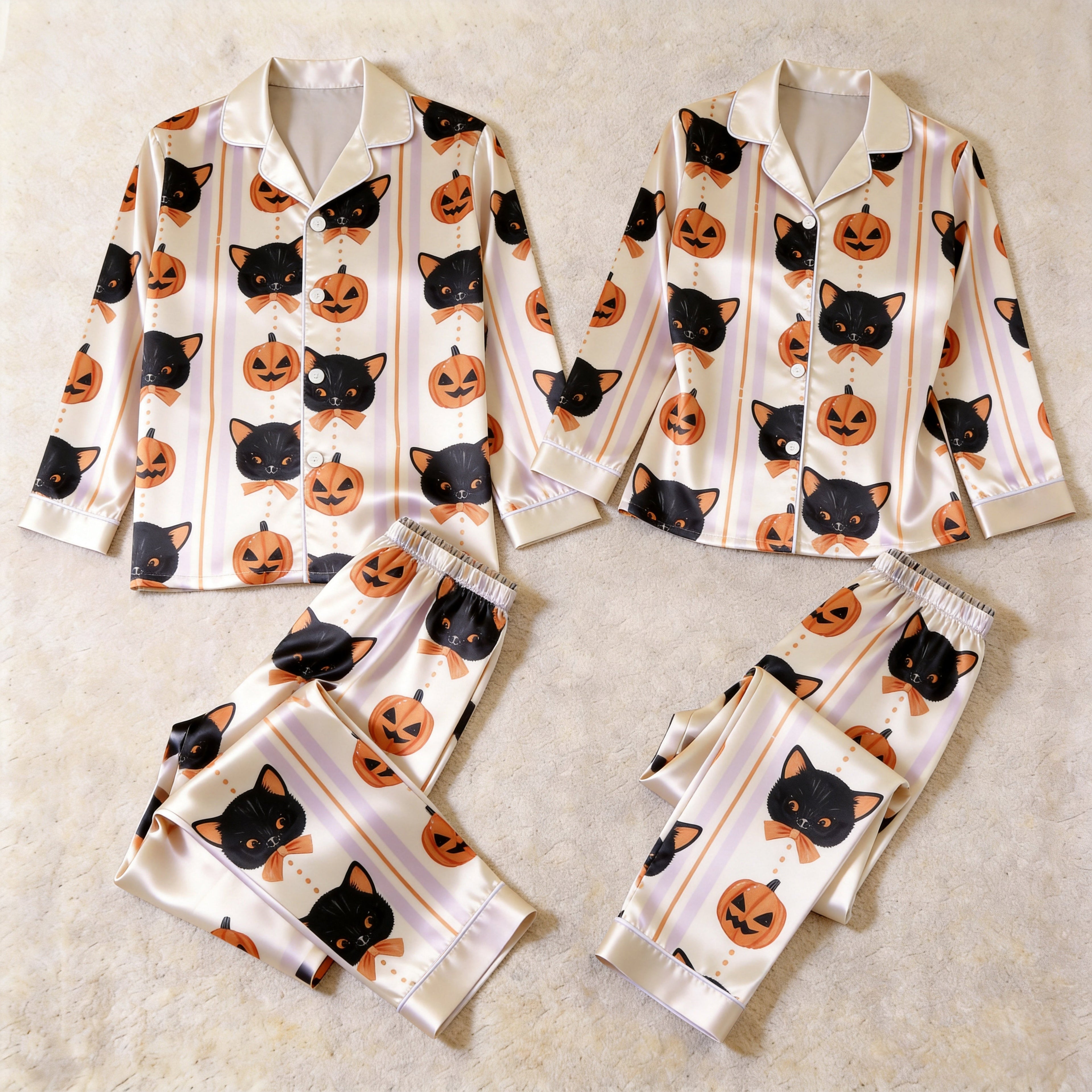Spooky Halloween Black Cat & Pumpkin Print Satin Matching Pajamas for Couples ¨C Long Sleeve Button-Down Top & Pants Sleepwear Set
