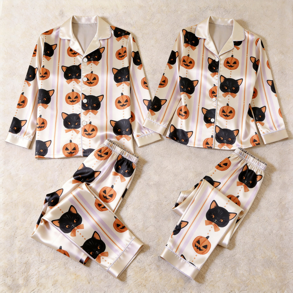 Spooky Halloween Black Cat & Pumpkin Print Satin Matching Pajamas for Couples ¨C Long Sleeve Button-Down Top & Pants Sleepwear Set
