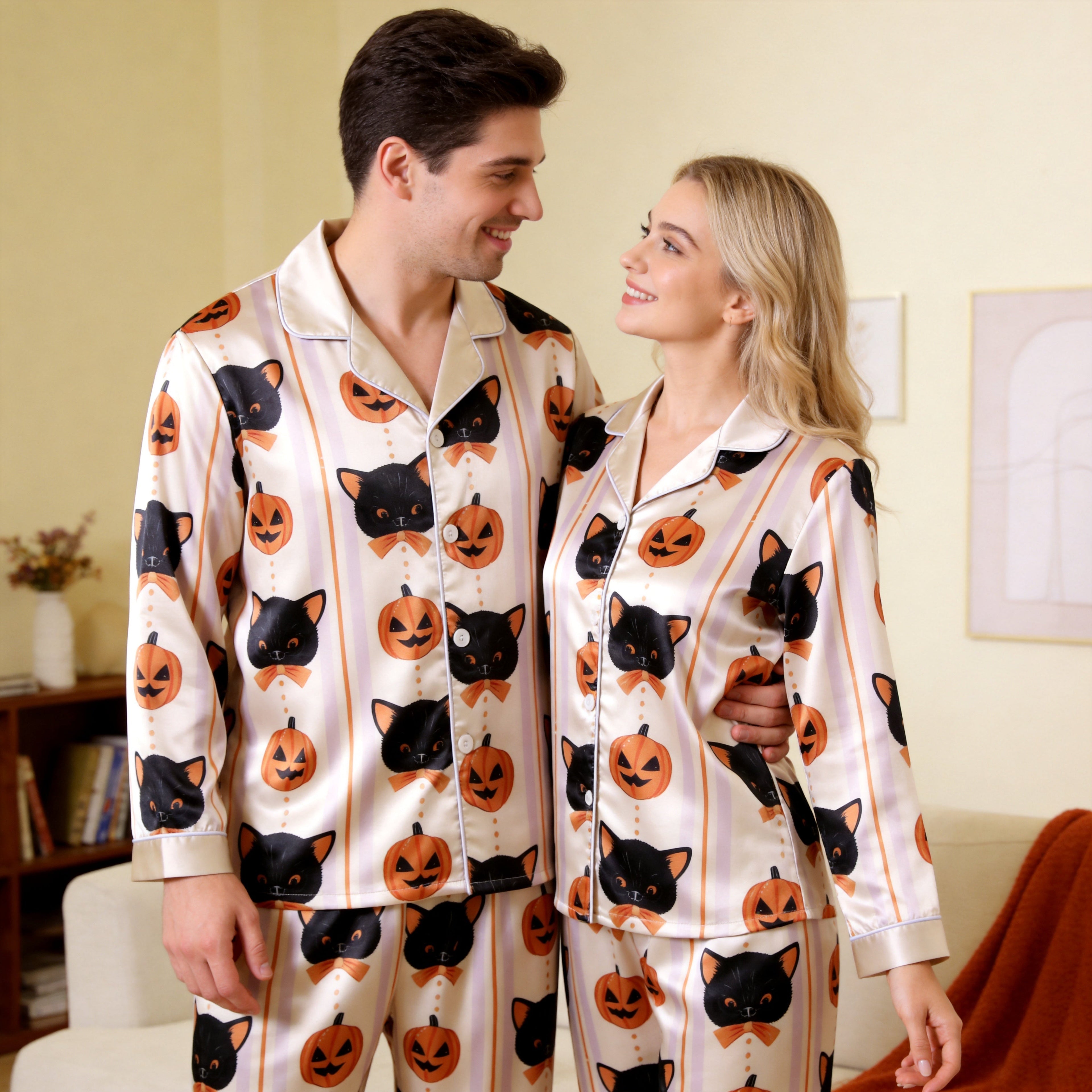 Spooky Halloween Black Cat & Pumpkin Print Satin Matching Pajamas for Couples ¨C Long Sleeve Button-Down Top & Pants Sleepwear Set