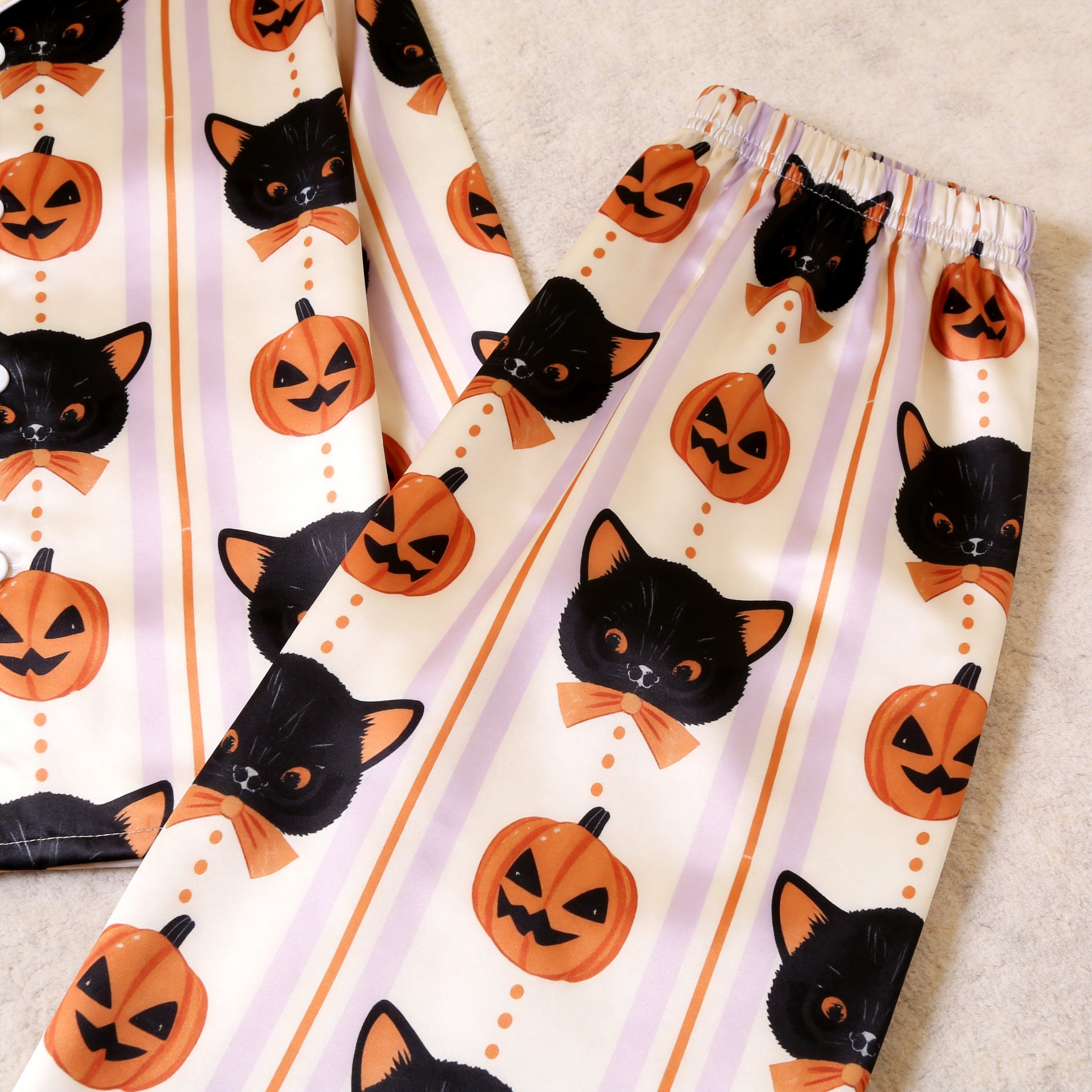 Spooky Halloween Black Cat & Pumpkin Print Satin Matching Pajamas for Couples ¨C Long Sleeve Button-Down Top & Pants Sleepwear Set