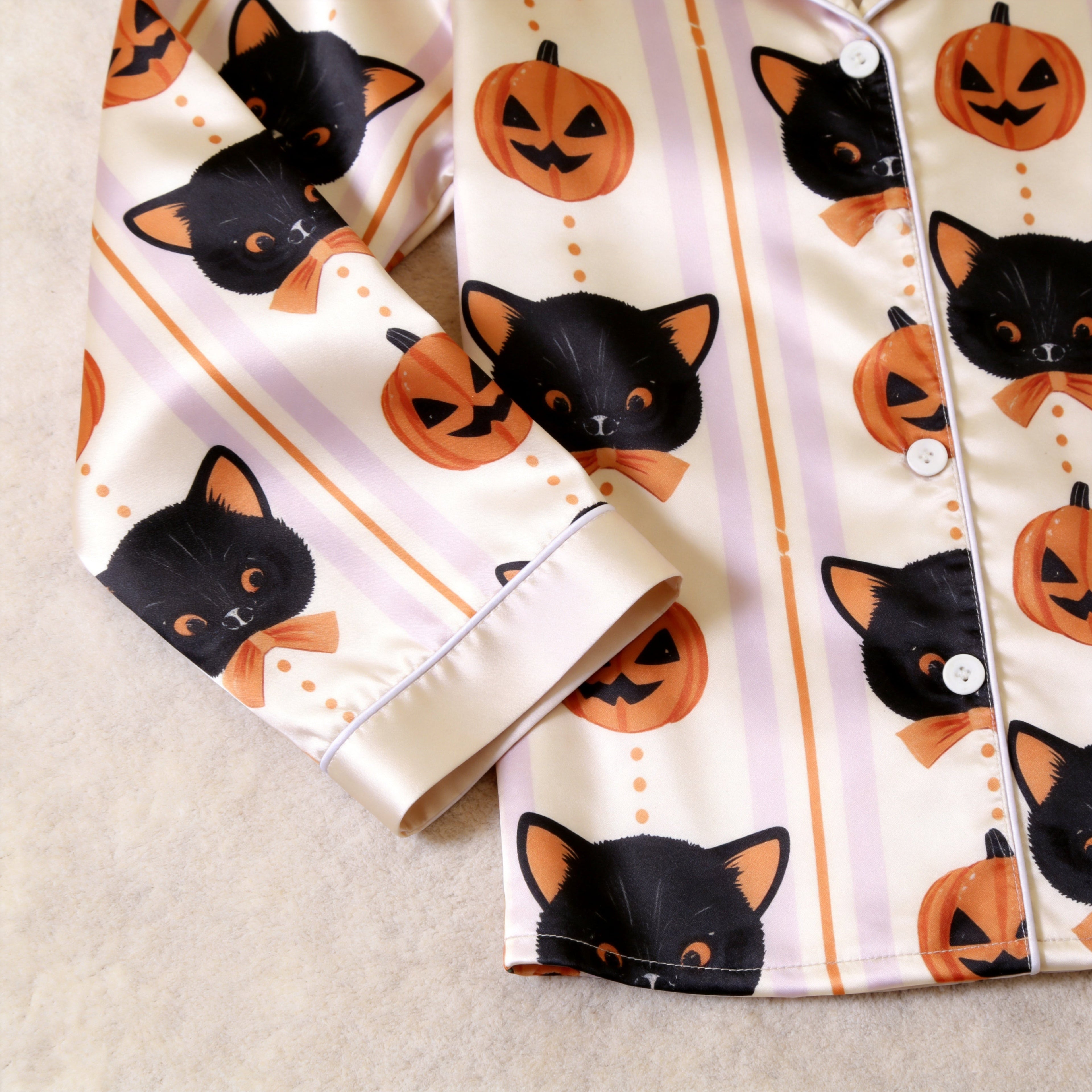 Spooky Halloween Black Cat & Pumpkin Print Satin Matching Pajamas for Couples ¨C Long Sleeve Button-Down Top & Pants Sleepwear Set