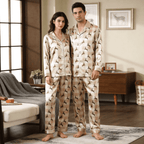 Reindeer Plaid Satin Matching Pajamas for Couples – Long Sleeve Button-Down Top & Pants Sleepwear Set