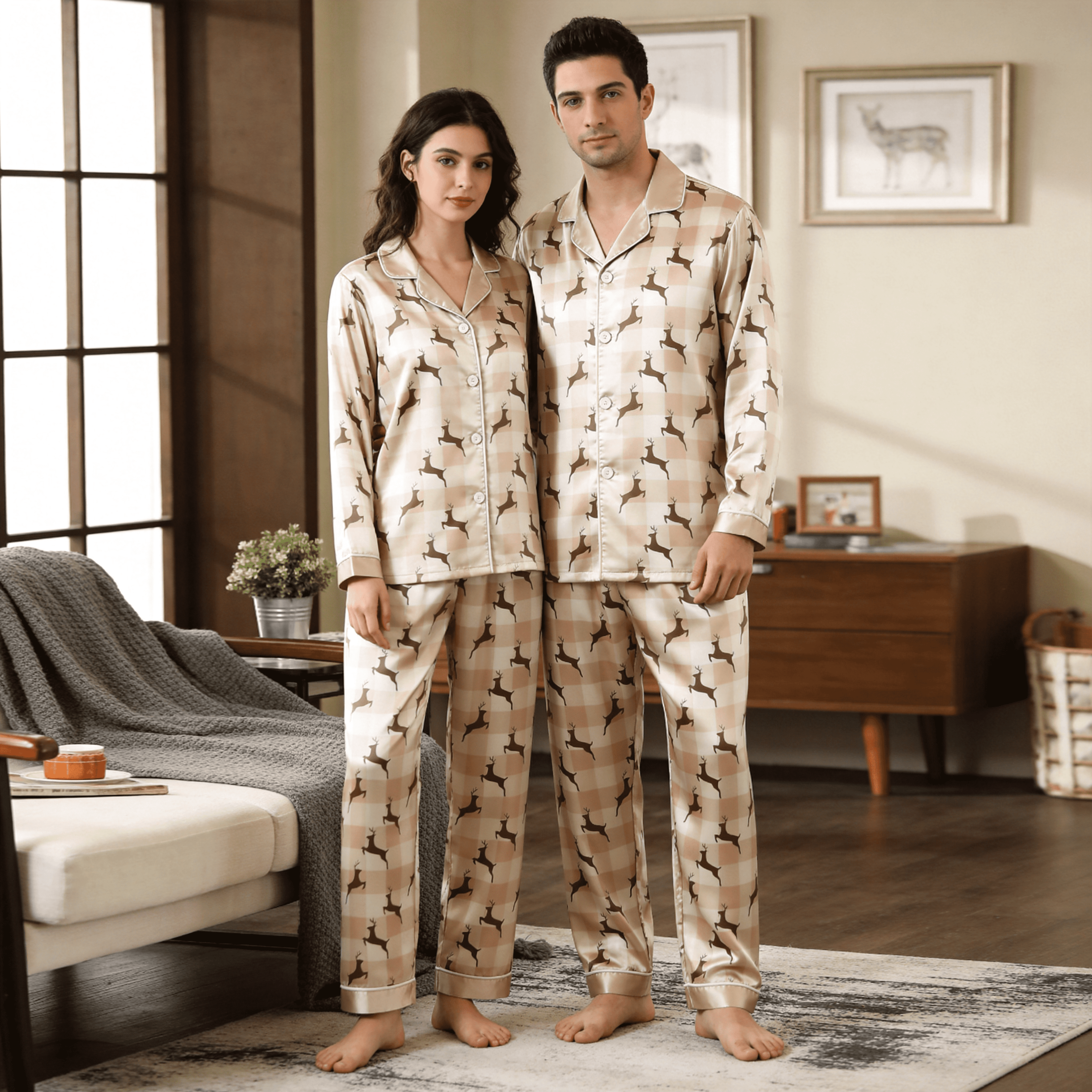 Reindeer Plaid Satin Matching Pajamas for Couples – Long Sleeve Button-Down Top & Pants Sleepwear Set