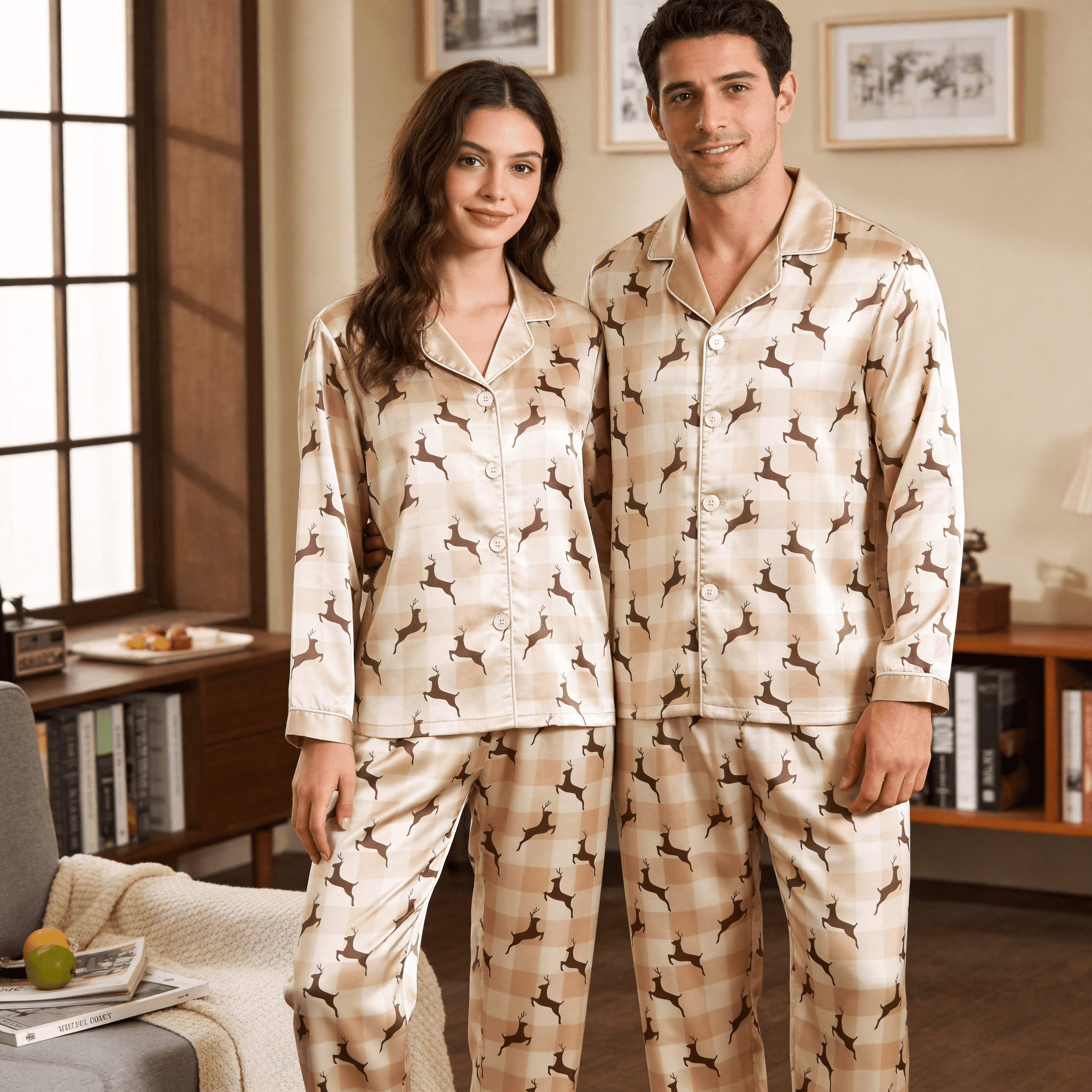 Reindeer Plaid Satin Matching Pajamas for Couples – Long Sleeve Button-Down Top & Pants Sleepwear Set