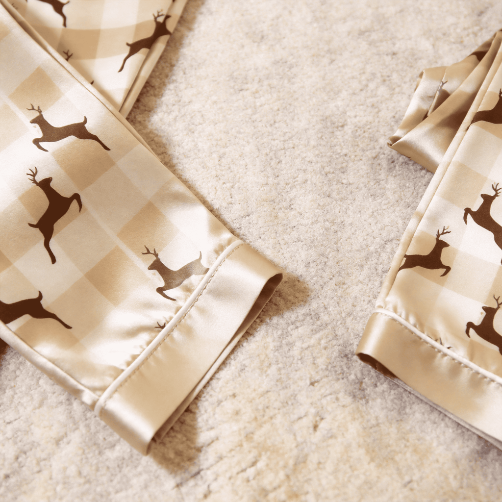 Reindeer Plaid Satin Matching Pajamas for Couples – Long Sleeve Button-Down Top & Pants Sleepwear Set