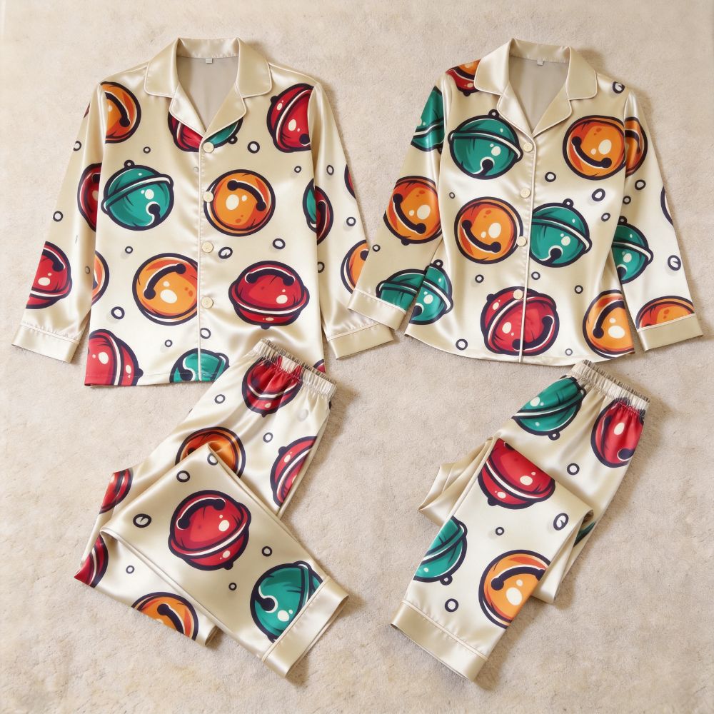 Bell Print Satin Matching Pajamas for Couples – Long Sleeve Button-Down Top & Pants Sleepwear Set