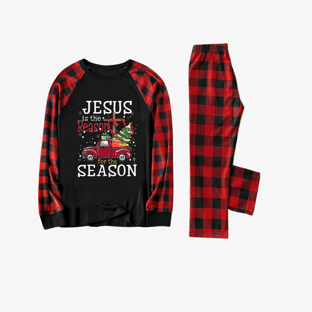 Red and Black Plaid Christmas Pajamas Set With "Jesus is the Reason for the Season" Text Print