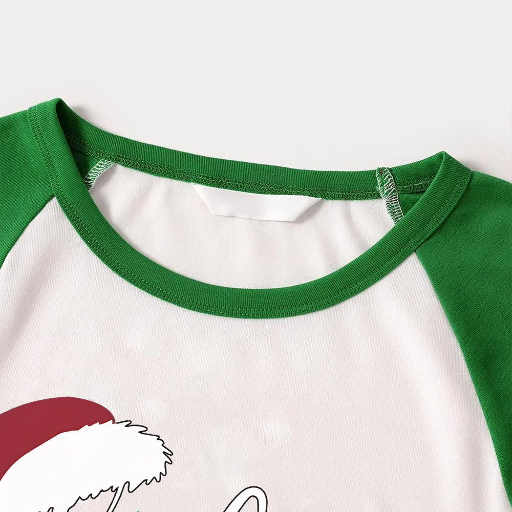 Christmas Hat and ‘Believe“ Letter Print Patterned Green Sleeve Contrast Tops and Black and Green Plaid Pants Family Matching Raglan Long-sleeve Pajamas Sets With Dog Bandana
