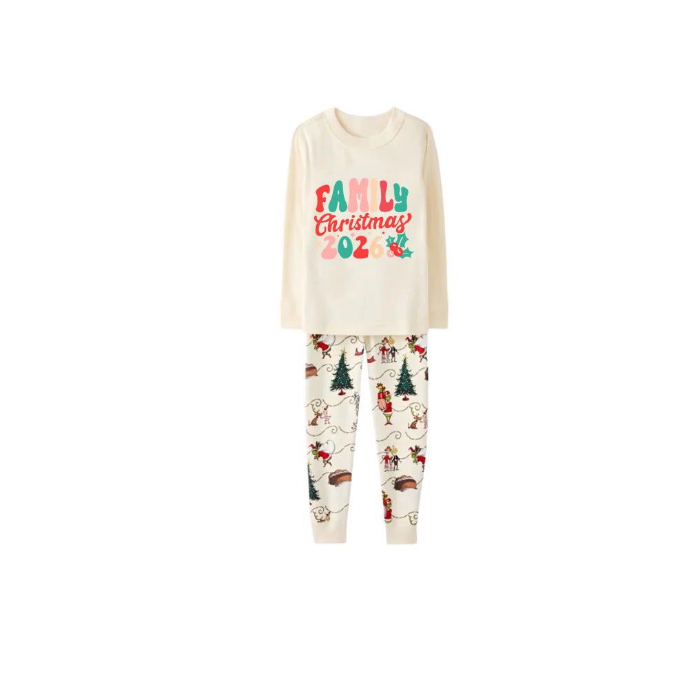 Beige Christmas Pattern Print Christmas Pajamas Set With Colorful "Family Christmas 2026" Text Print