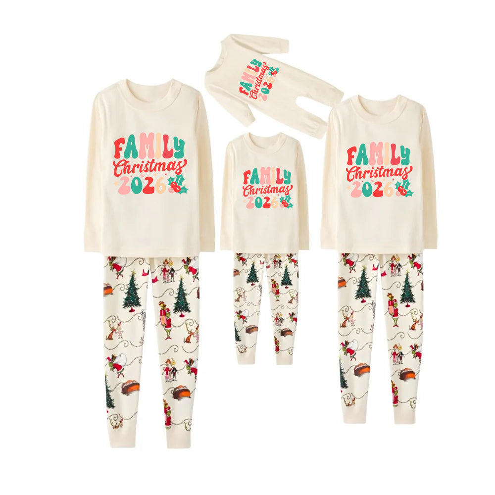 Beige Christmas Pattern Print Christmas Pajamas Set With Colorful "Family Christmas 2026" Text Print