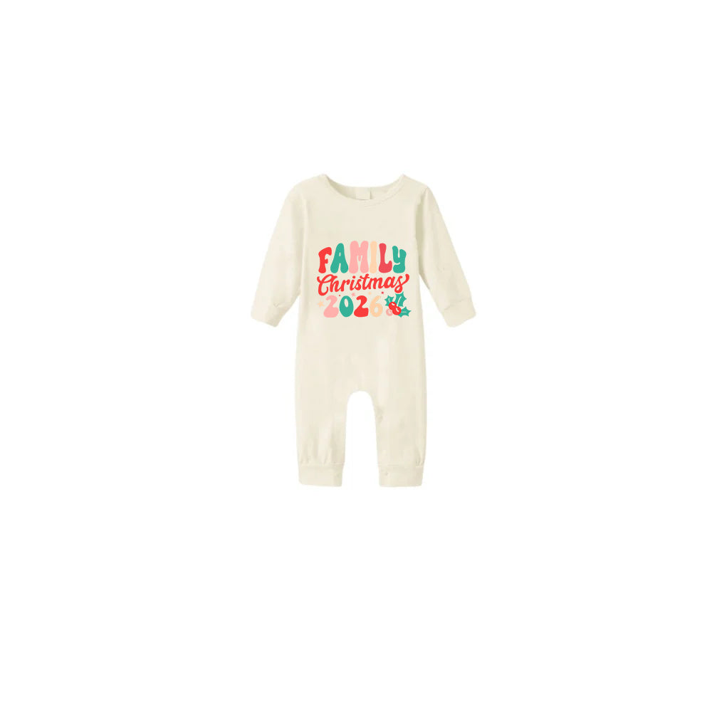 Beige Christmas Pattern Print Christmas Pajamas Set With Colorful "Family Christmas 2026" Text Print