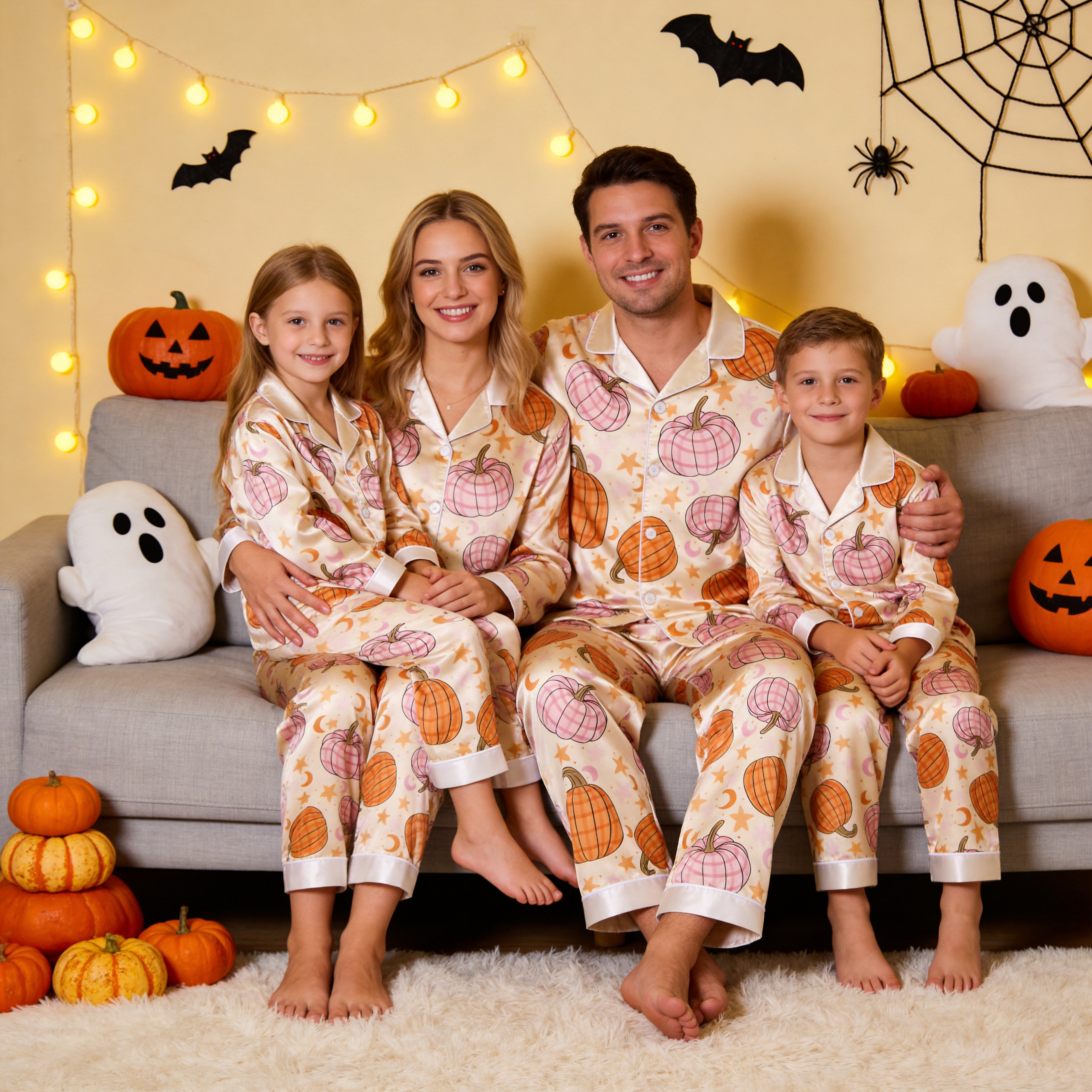 Pink and Orange Pumpkin Print Satin Button-Up Family Halloween Pajamas Set