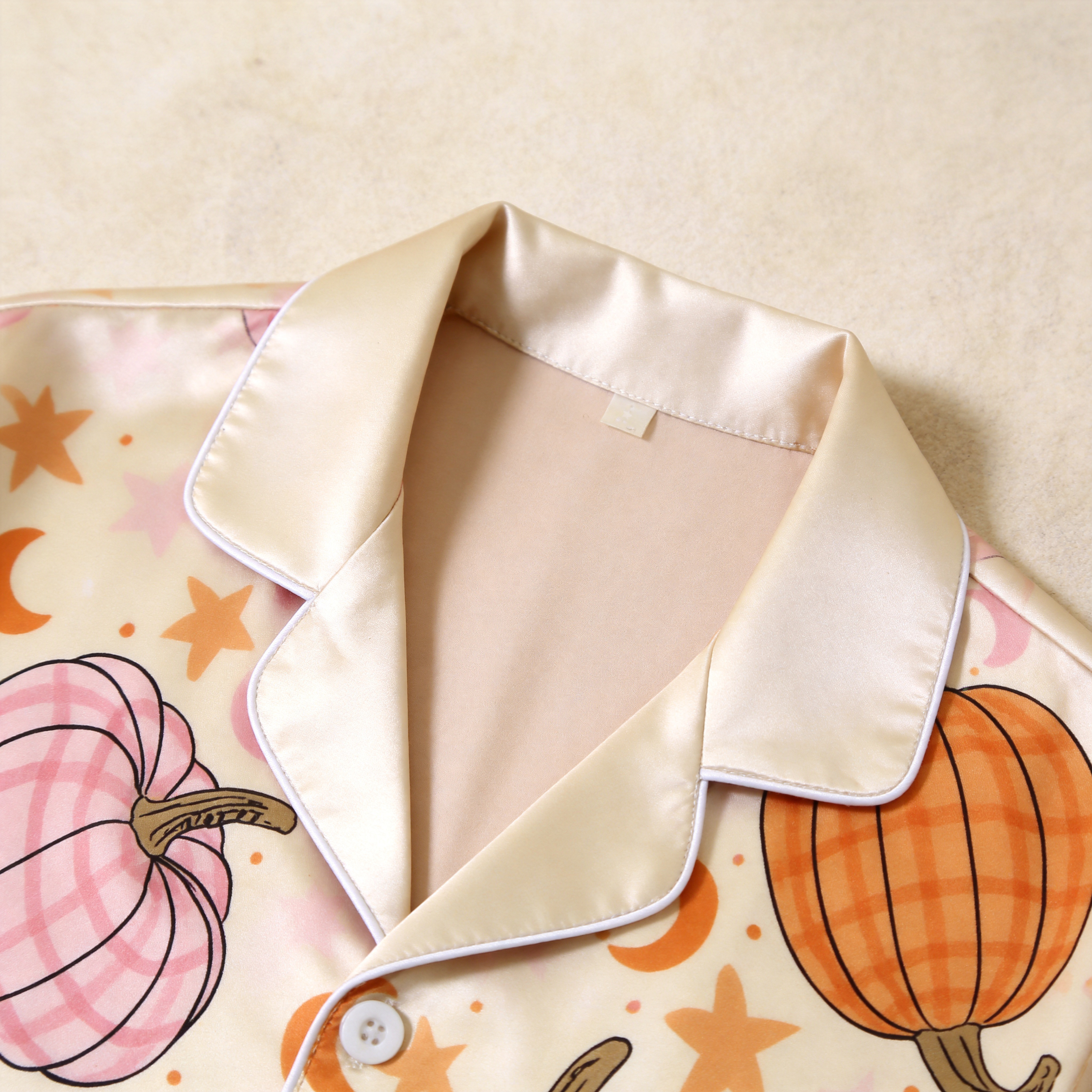Pink and Orange Pumpkin Print Satin Button-Up Family Halloween Pajamas Set