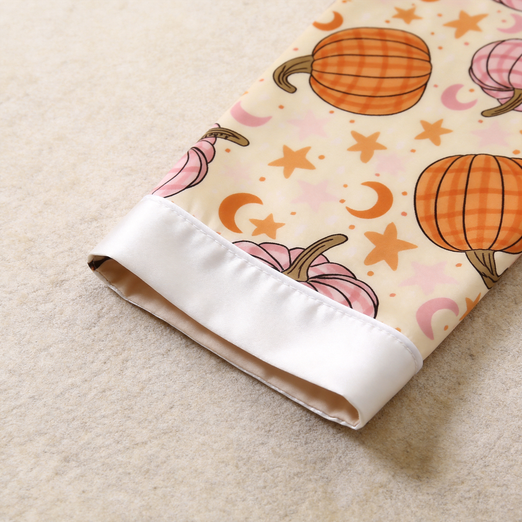 Cute Autumn Pumpkin & Star Print Satin Matching Pajamas for Couples ¨C Long Sleeve Button-Down Top & Pants Sleepwear Set