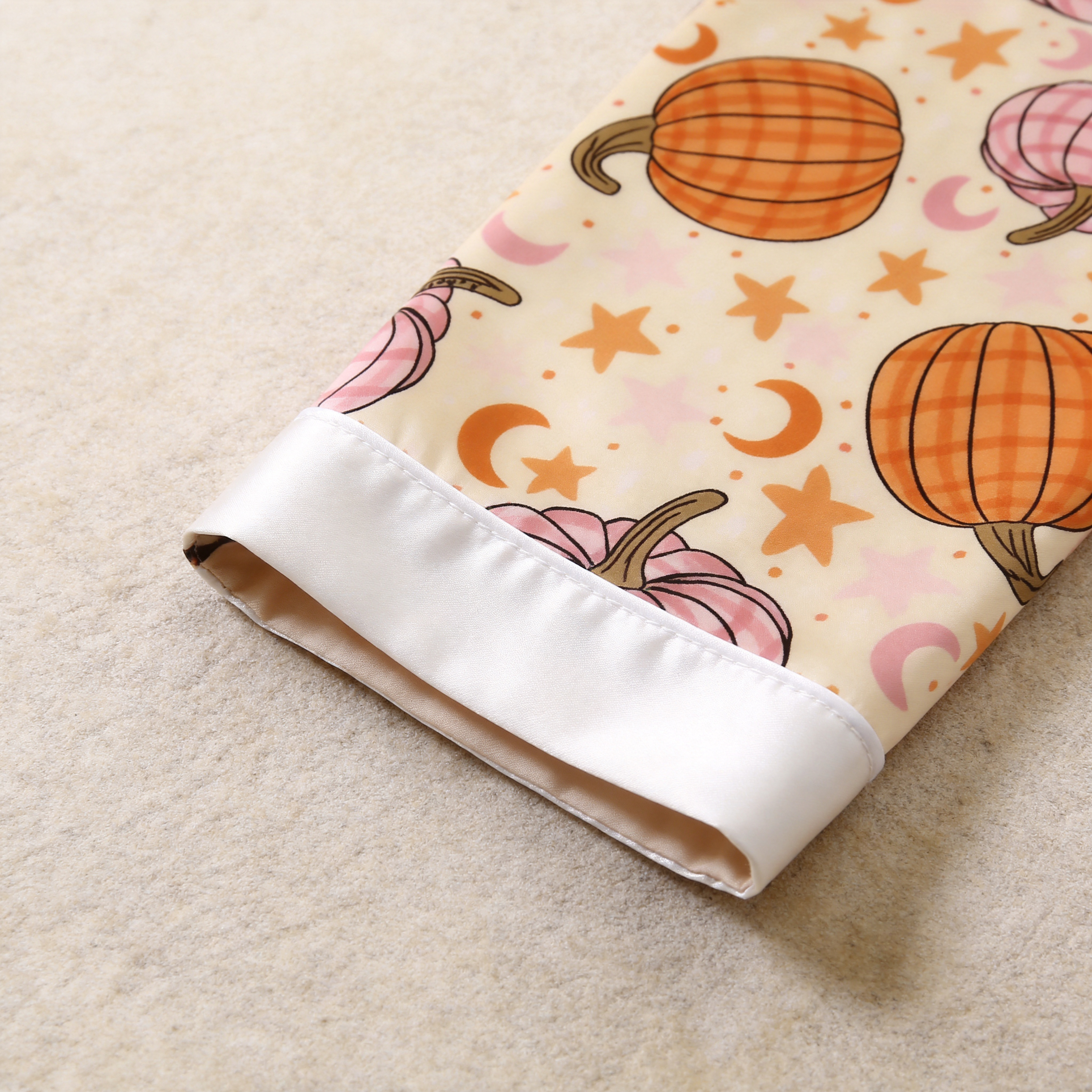 Pink and Orange Pumpkin Print Satin Button-Up Family Halloween Pajamas Set