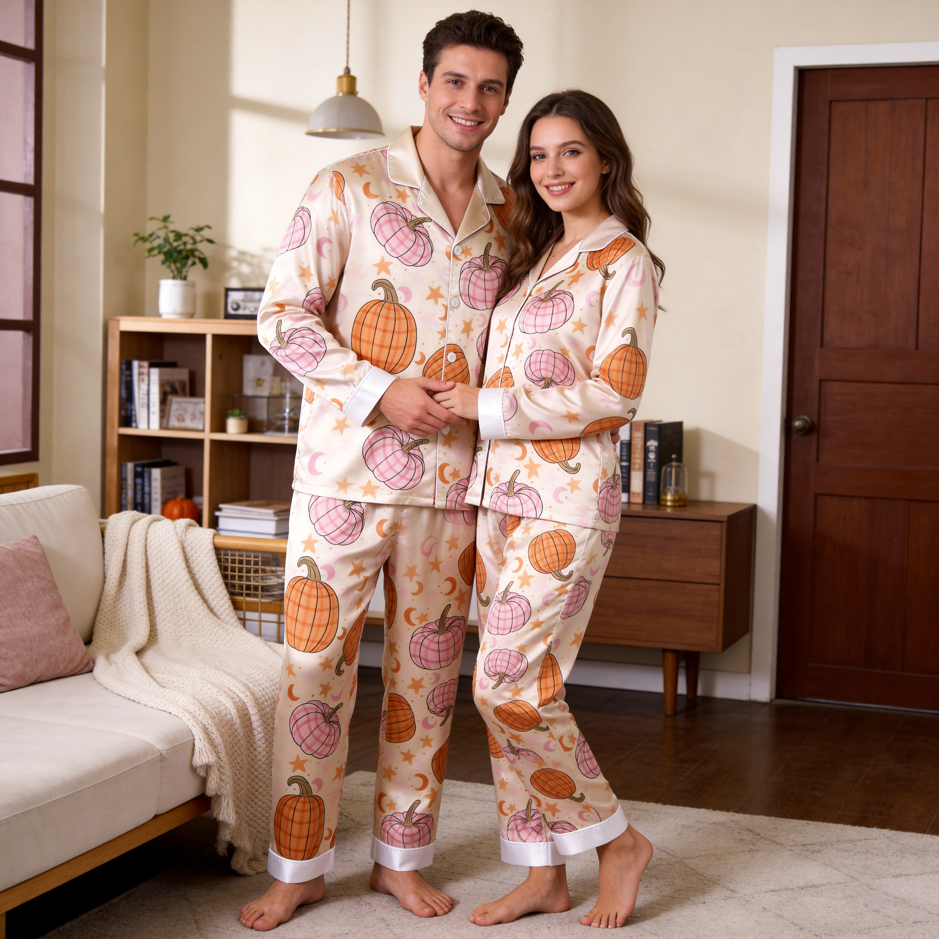 Cute Autumn Pumpkin & Star Print Satin Matching Pajamas for Couples ¨C Long Sleeve Button-Down Top & Pants Sleepwear Set