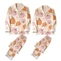 Cute Autumn Pumpkin & Star Print Satin Matching Pajamas for Couples ¨C Long Sleeve Button-Down Top & Pants Sleepwear Set