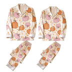 Cute Autumn Pumpkin & Star Print Satin Matching Pajamas for Couples ¨C Long Sleeve Button-Down Top & Pants Sleepwear Set