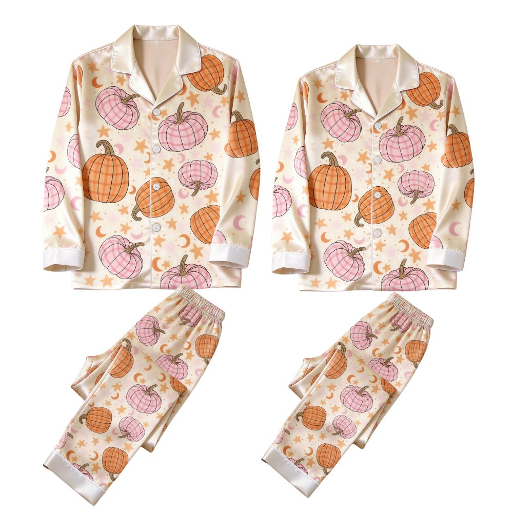 Cute Autumn Pumpkin & Star Print Satin Matching Pajamas for Couples ¨C Long Sleeve Button-Down Top & Pants Sleepwear Set