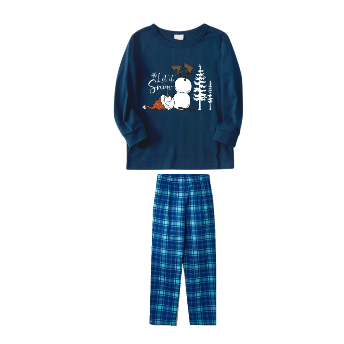 "Let it Snow" Slogan and Snowman Printed Blue Plaid Christmas Couple Matching Pajamas