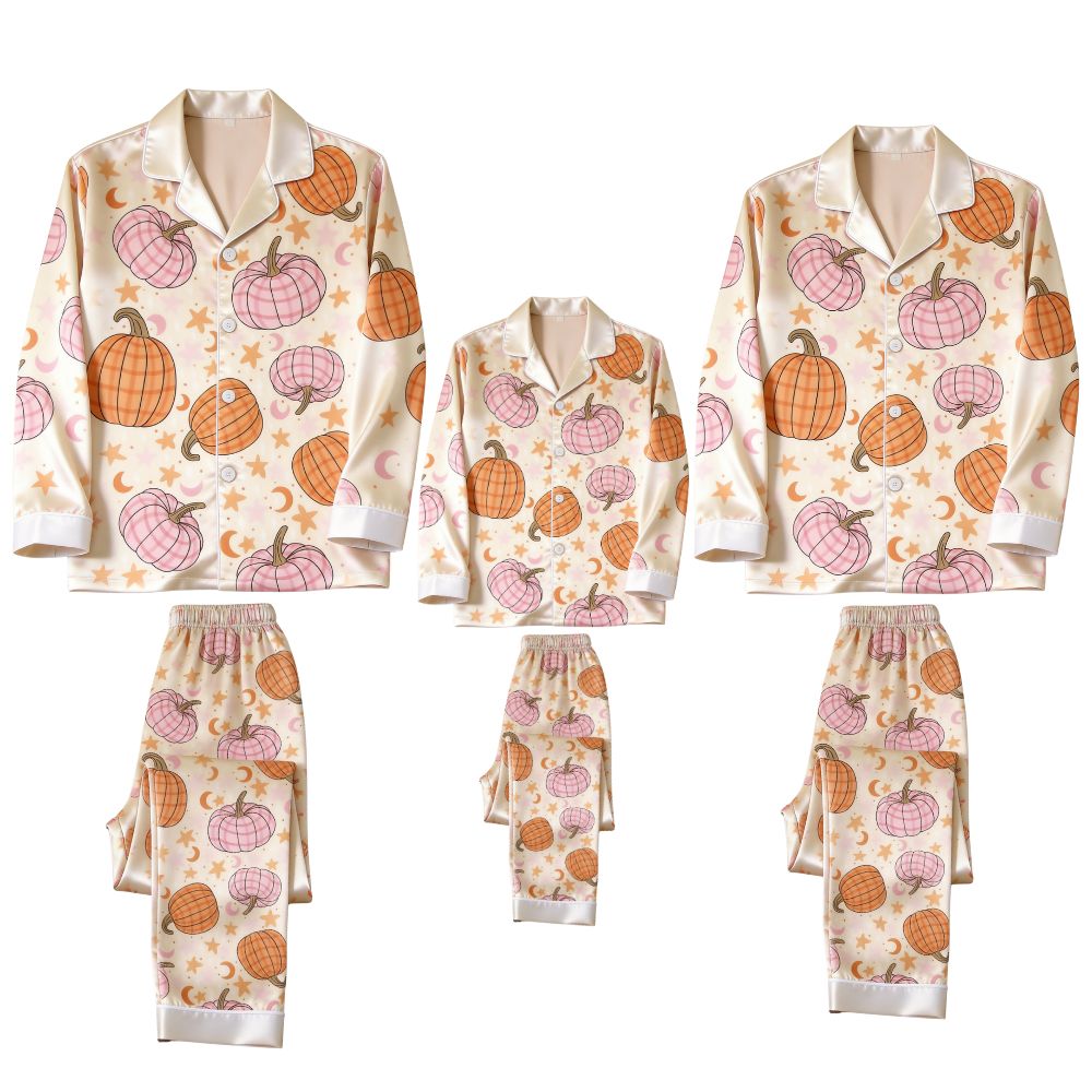 Pink and Orange Pumpkin Print Satin Button-Up Family Halloween Pajamas Set