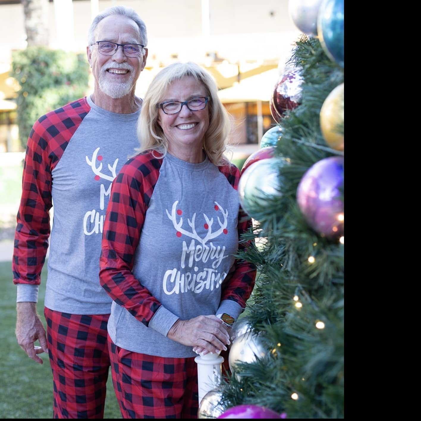 MERRY CHRISTMAS Antler Print Grey Top with Black and Red Plaid Pants Family Matching Pajamas Set