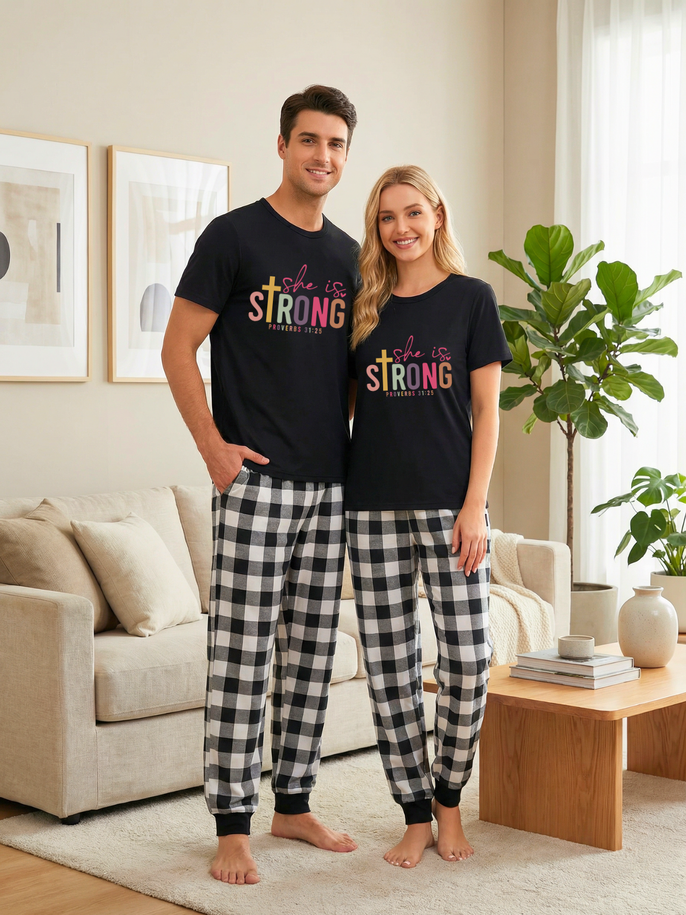 She Is Strong PROVERBS 31:25 Text Printed Black Short Sleeve and Black&White Plaid Pants Family Matching Pajamas Set