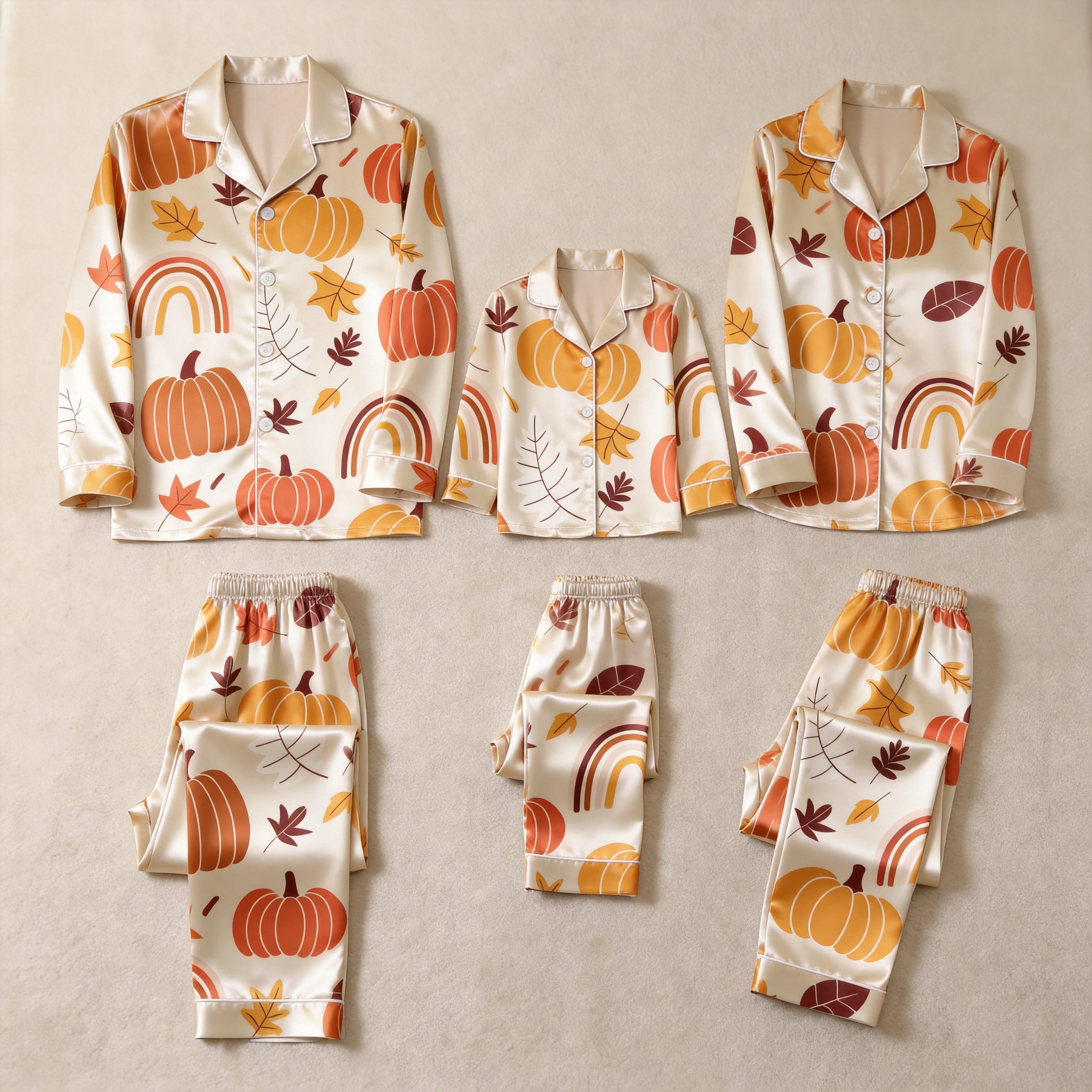 Autumn Pumpkin and Leaf Print Satin Button-Up Family Pajamas Set