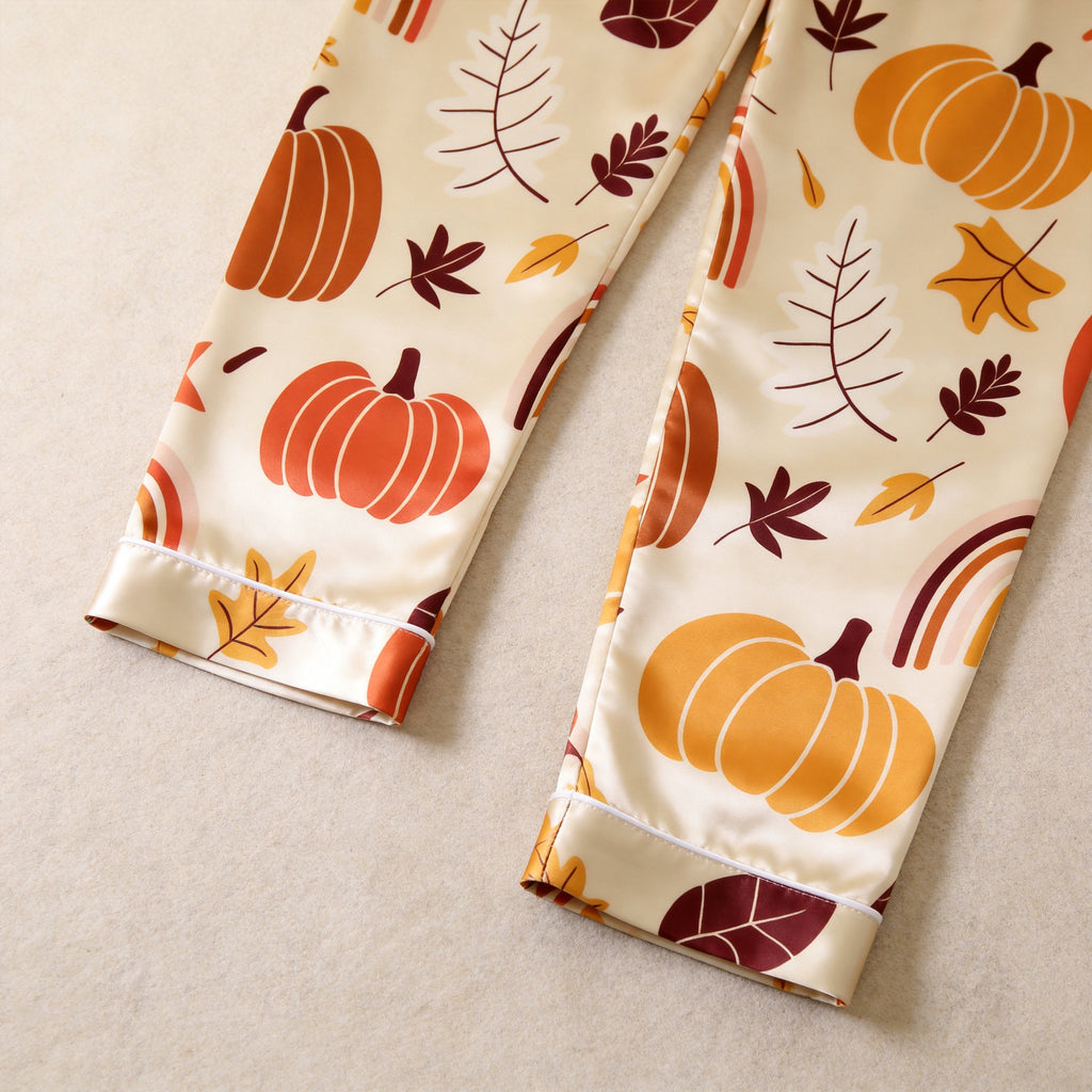 Autumn Harvest Pumpkin & Leaf Print Satin Matching Pajamas for Couples ¨C Long Sleeve Button-Down Top & Pants Sleepwear Set