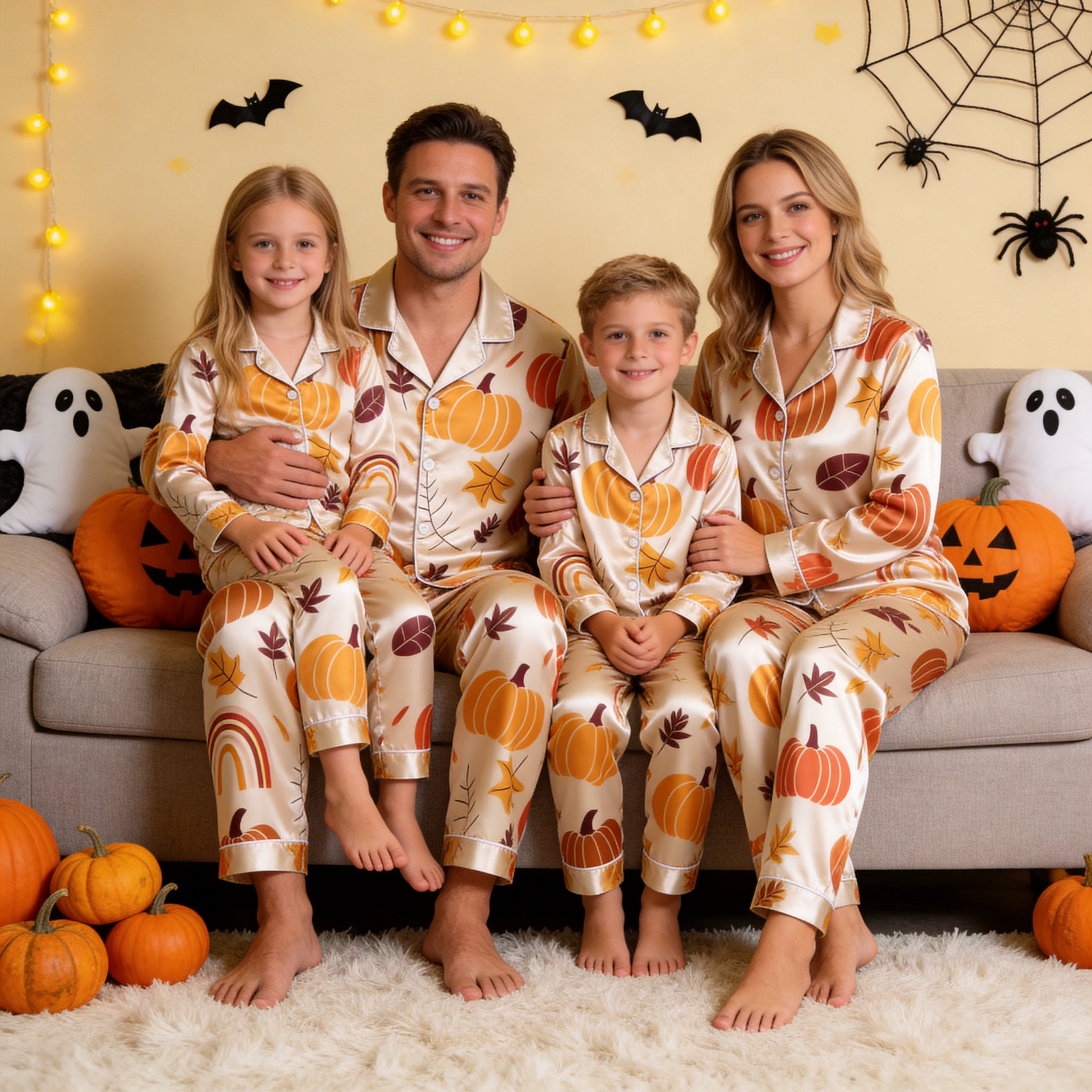 Autumn Pumpkin and Leaf Print Satin Button-Up Family Pajamas Set