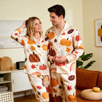 Autumn Harvest Pumpkin & Leaf Print Satin Matching Pajamas for Couples ¨C Long Sleeve Button-Down Top & Pants Sleepwear Set