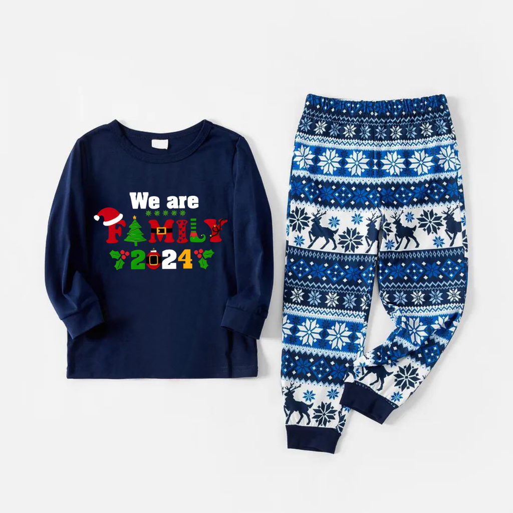 "We are Family 2024" Print Blue Family Christmas Matching Pajamas