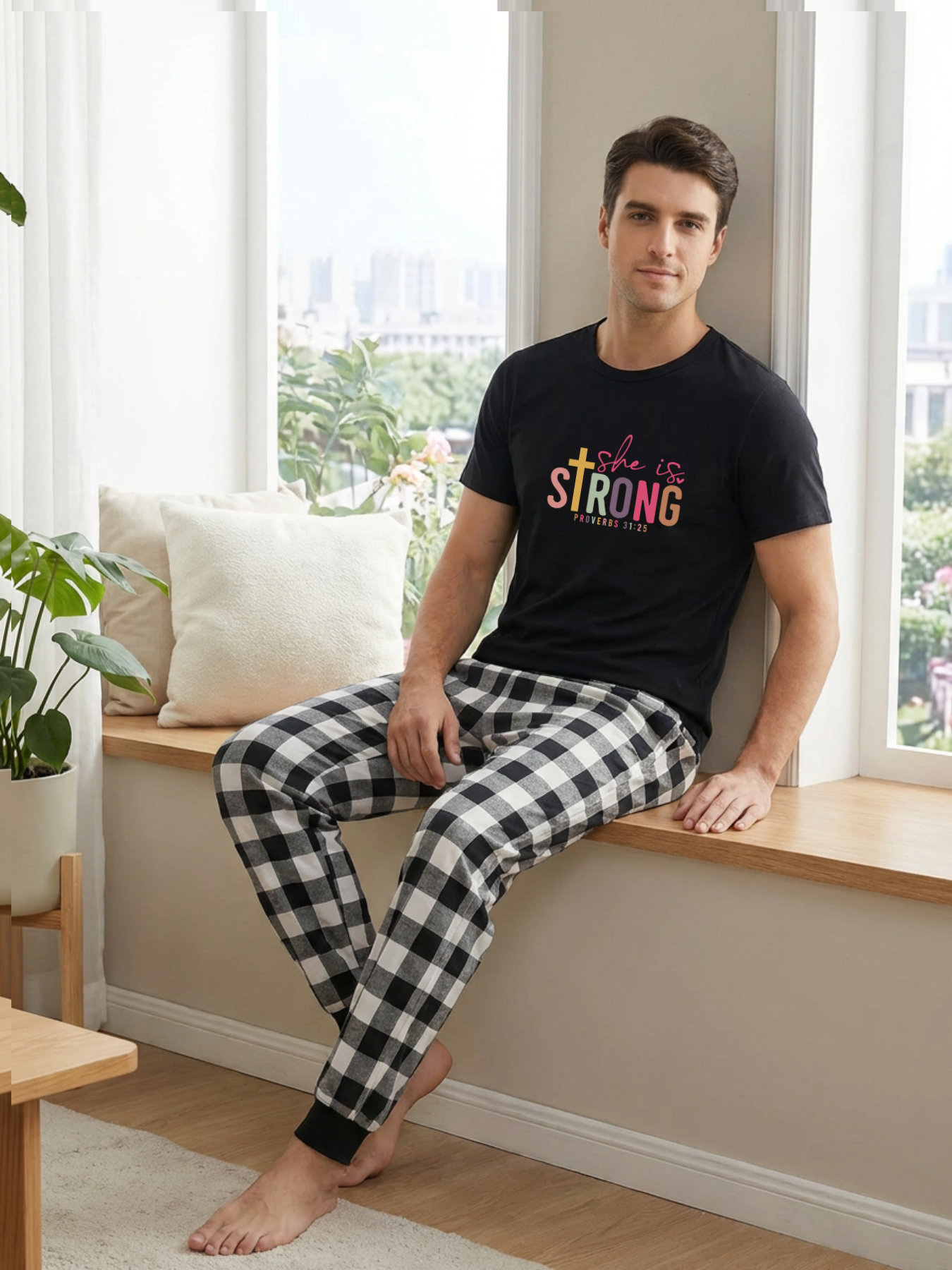 She Is Strong PROVERBS 31:25 Text Printed Black Short Sleeve and Black&White Plaid Pants Family Matching Pajamas Set