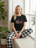 She Is Strong PROVERBS 31:25 Text Printed Black Short Sleeve and Black&White Plaid Pants Family Matching Pajamas Set