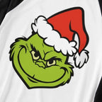 Christmas Smile Cartoon Print Splice Contrast Top and Black and Green Plaid Pants Family Matching Pajamas Sets