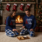 "Christmas With My Tribe"  Pattern Blue Long Sleeves with Blue&White&Black Plaid Pants Couple Matching Pajamas