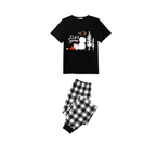 Let it Snow Snowman Family Christmas Pajamas Set - Black Top Black and White Plaid Pants White Text Graphic