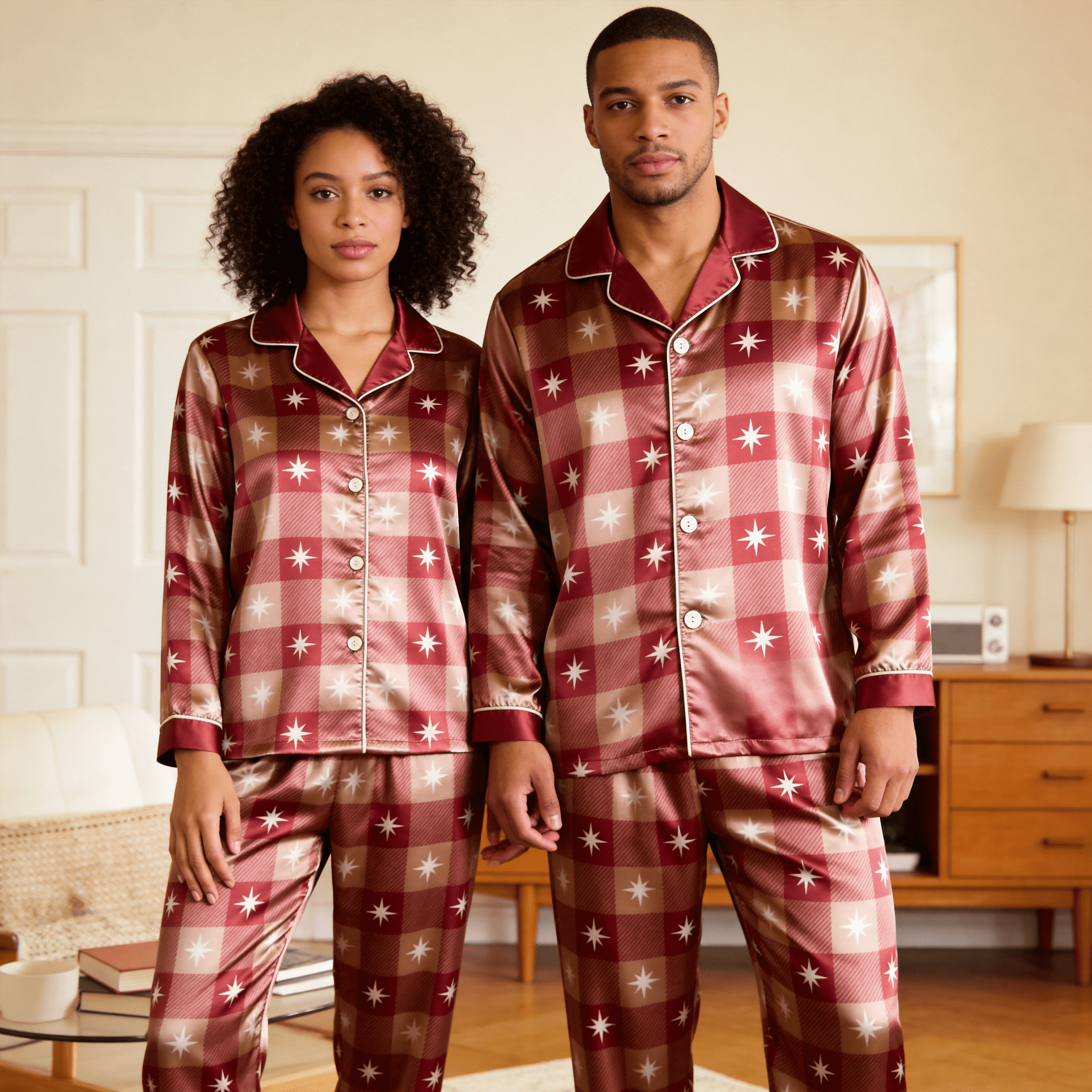 Star Plaid Satin Matching Pajamas for Couples – Long Sleeve Button-Down Top & Pants Sleepwear Set