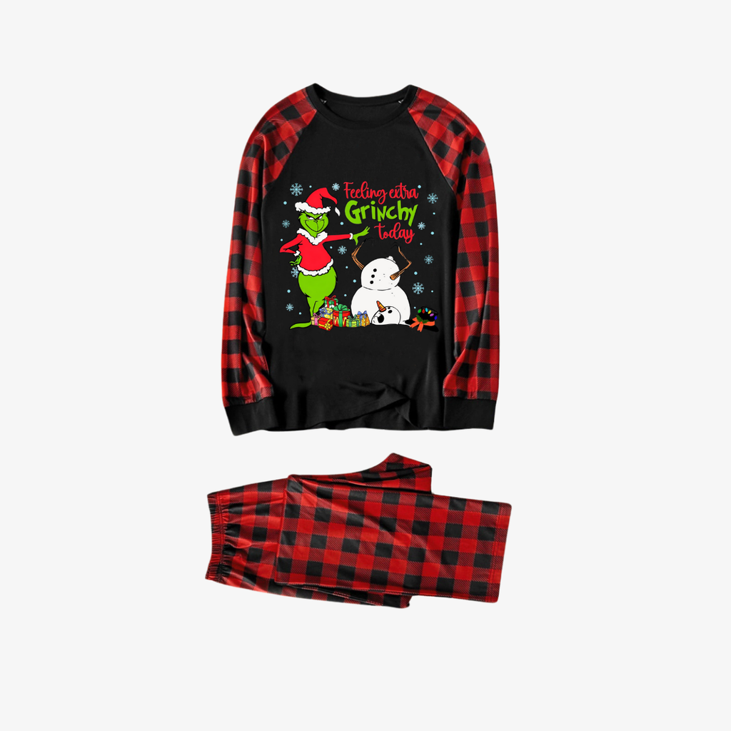 Red and Black Plaid Christmas Pajamas Set With Grinch and Snowman Print