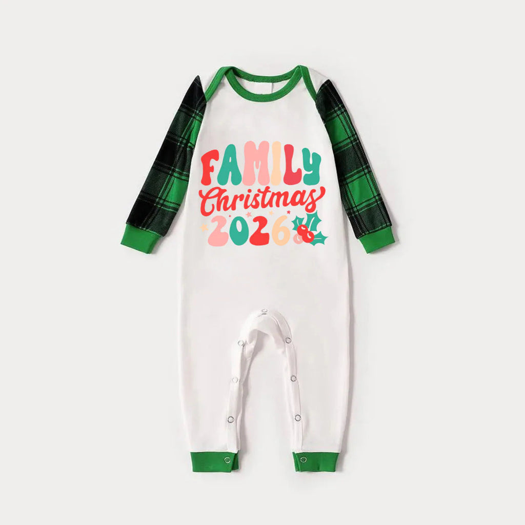 Christmas ‘ Family Christmas 2026’ Letter Print Patterned  Casual Long Sleeve Sweatshirts Green Contrast Tops and Black and Green Plaid Pants  Family Matching Raglan Long-sleeve Pajamas Sets With Dog Bandana
