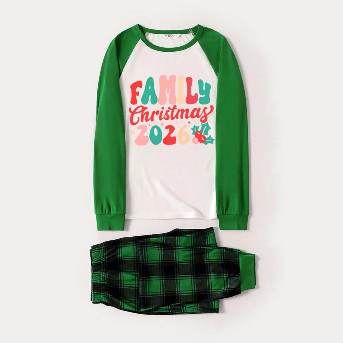 Christmas ‘ Family Christmas 2026’ Letter Print Patterned  Casual Long Sleeve Sweatshirts Green Contrast Tops and Black and Green Plaid Pants  Family Matching Raglan Long-sleeve Pajamas Sets With Dog Bandana
