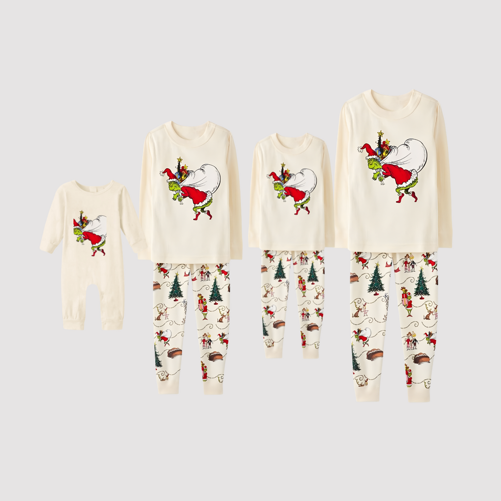 Grinch Family Christmas Pajamas | Cream Matching Holiday Sleepwear Set