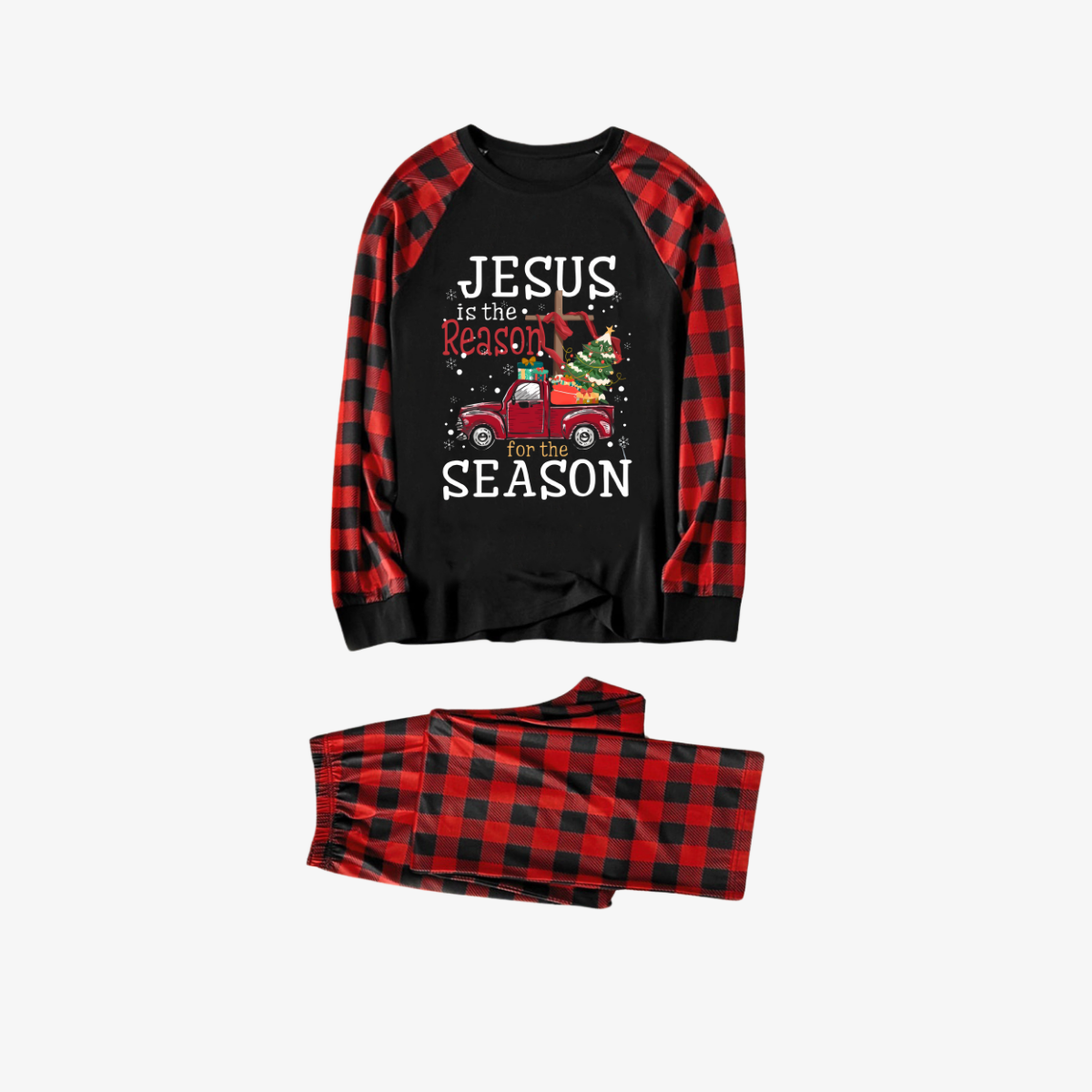 Red and Black Plaid Christmas Pajamas Set With "Jesus is the Reason for the Season" Text Print